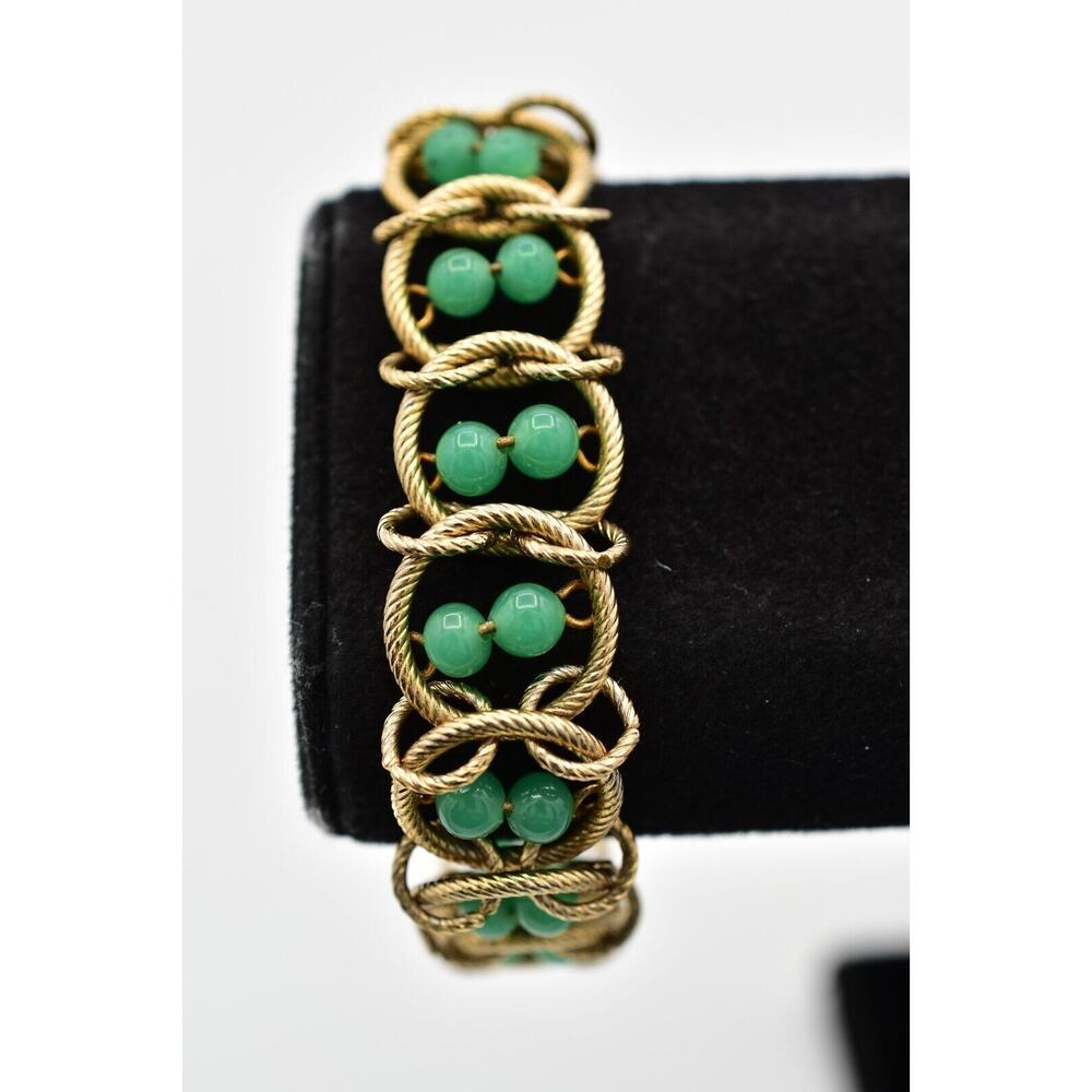 Goldette Vintage Beaded Bracelet Green Gold Chain Chunky Retro Signed 1940s BinO